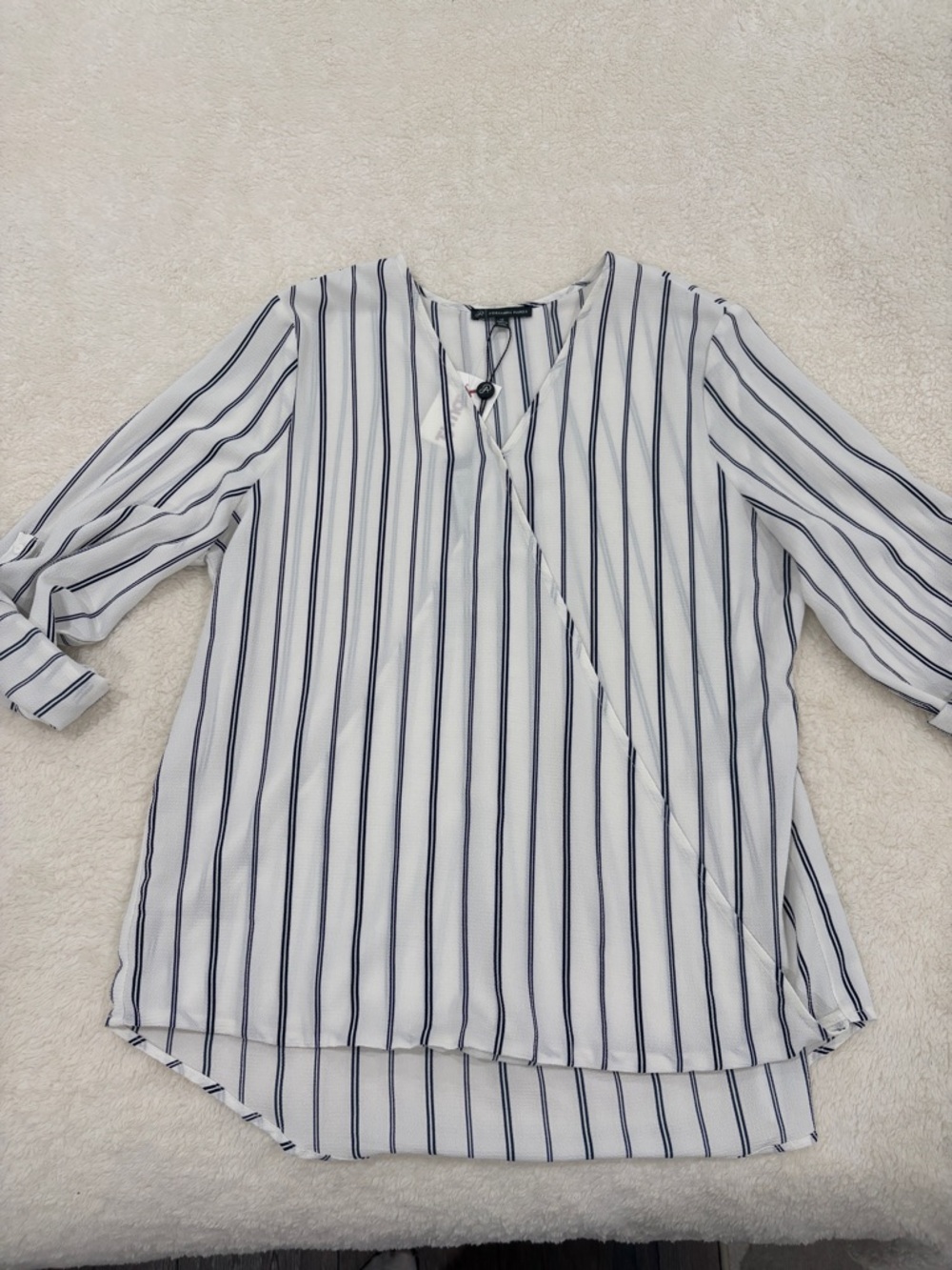 **NWT** Adrianna Papell White Blouse with Navy Stripes